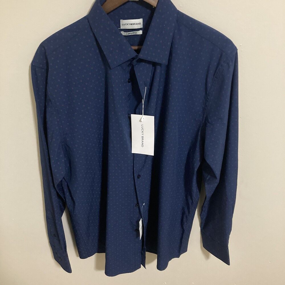 New Lucky Brand Mens Button Up Shirt XL 34/35 17-17.5 Slim Fit Stretch Navy Blue